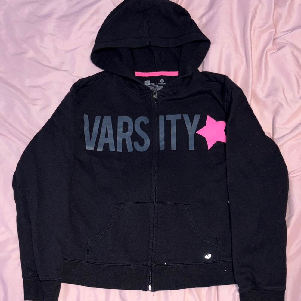 Kids Black Varsity Hoodie with Pink Star